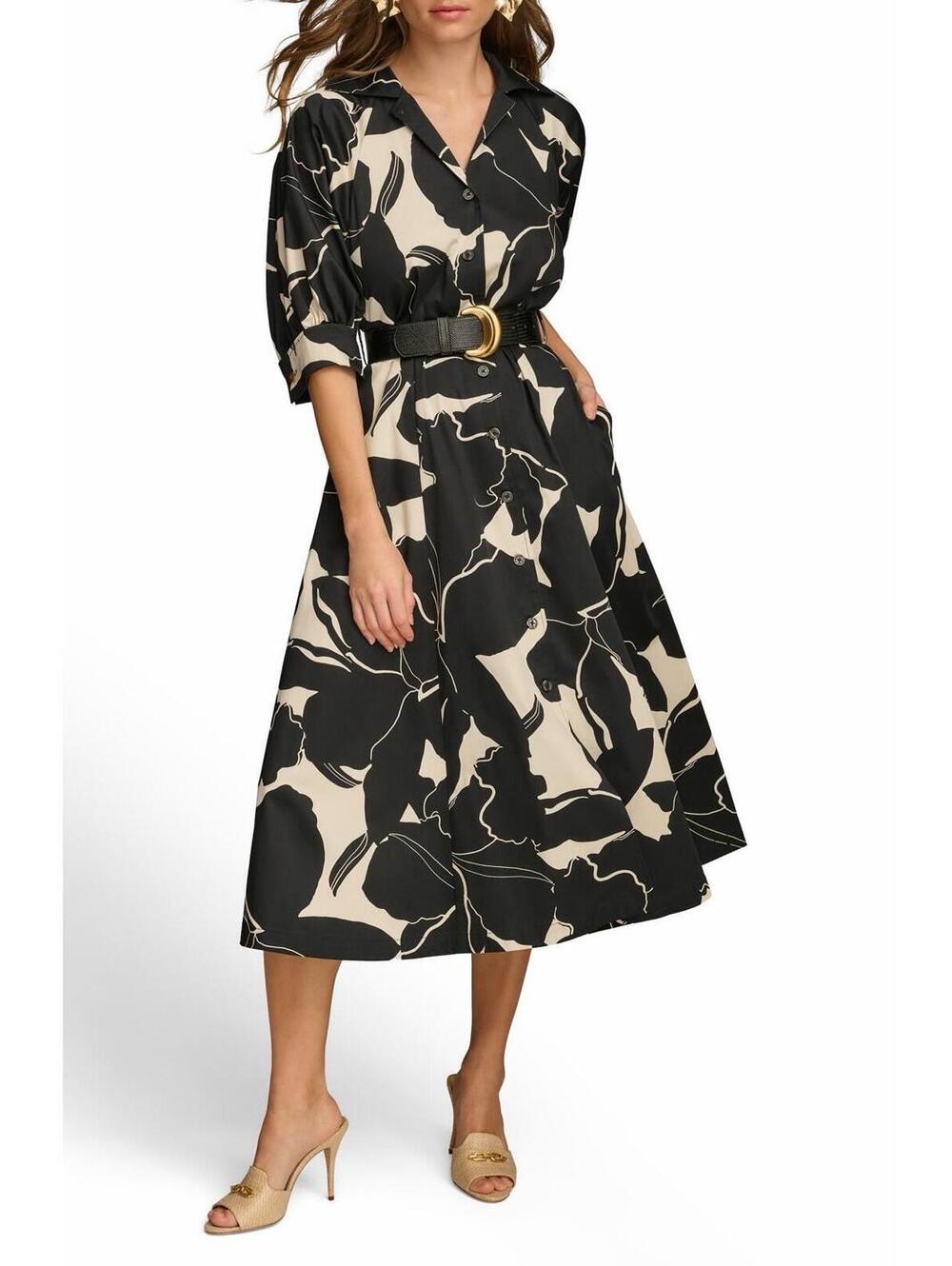 New Donna Karan New York Floral Stretch Cotton Midi Shirtdress Sz 8 $179